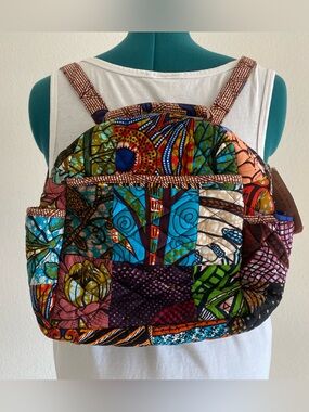 African print patchwork backpack with adjustable straps